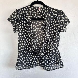 Y2K Xhilaration Black & White Polka Dot Blouse with Ruffles and Tie Front